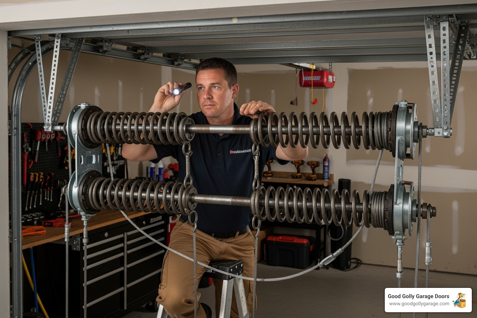 a technician carefully inspecting a garage door spring system - certified garage door repair technician in las vegas nv