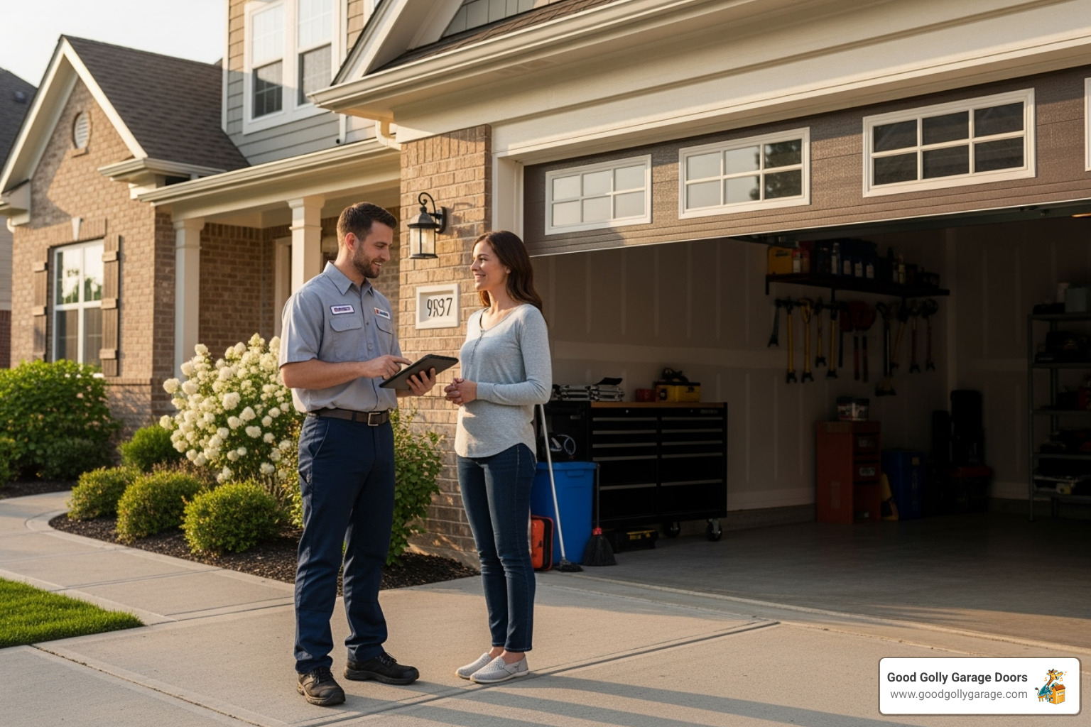 a friendly technician talking with a homeowner in front of their garage - certified garage door repair technician in las vegas nv