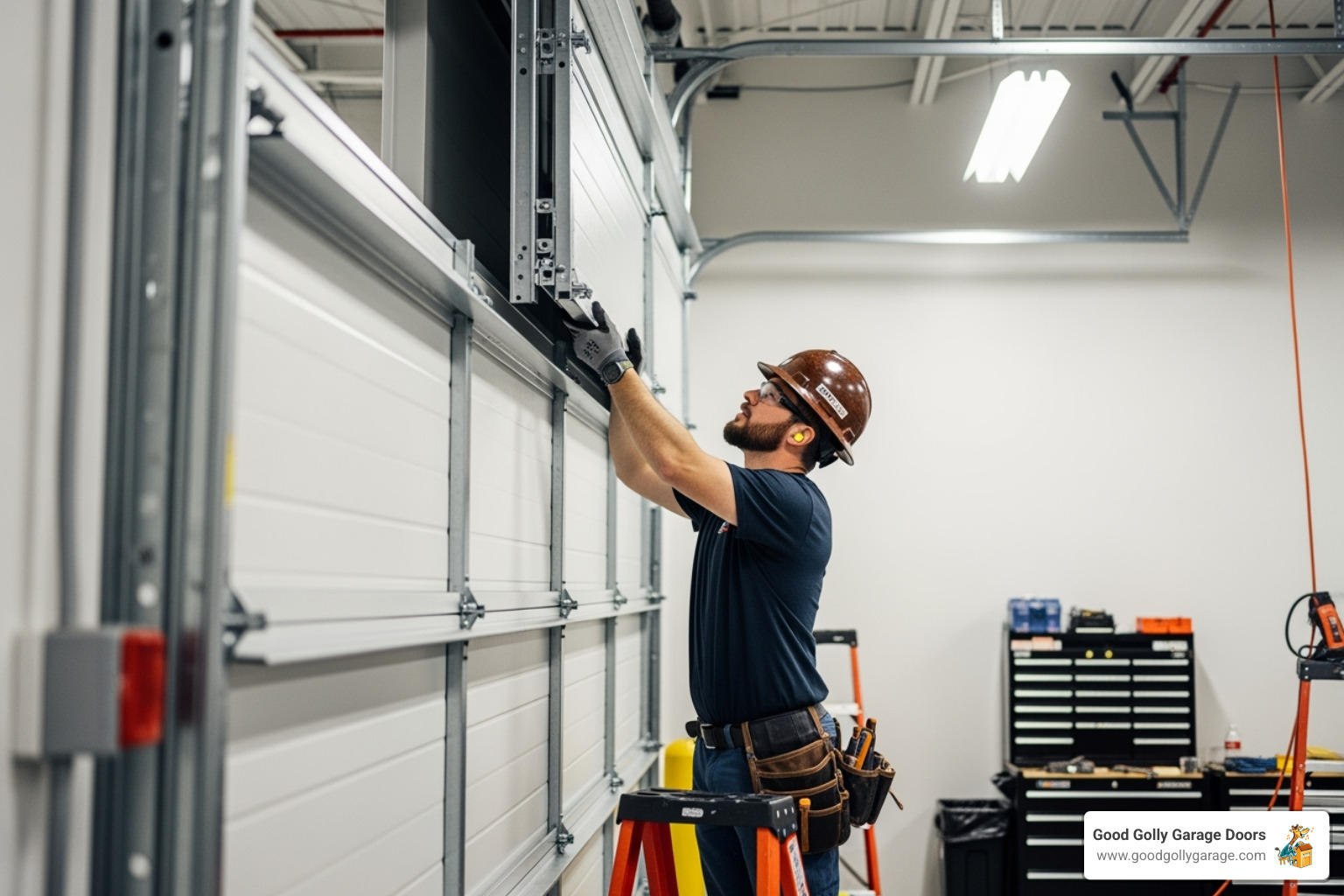 technician installing a commercial garage door panel - commercial garage door installation las vegas