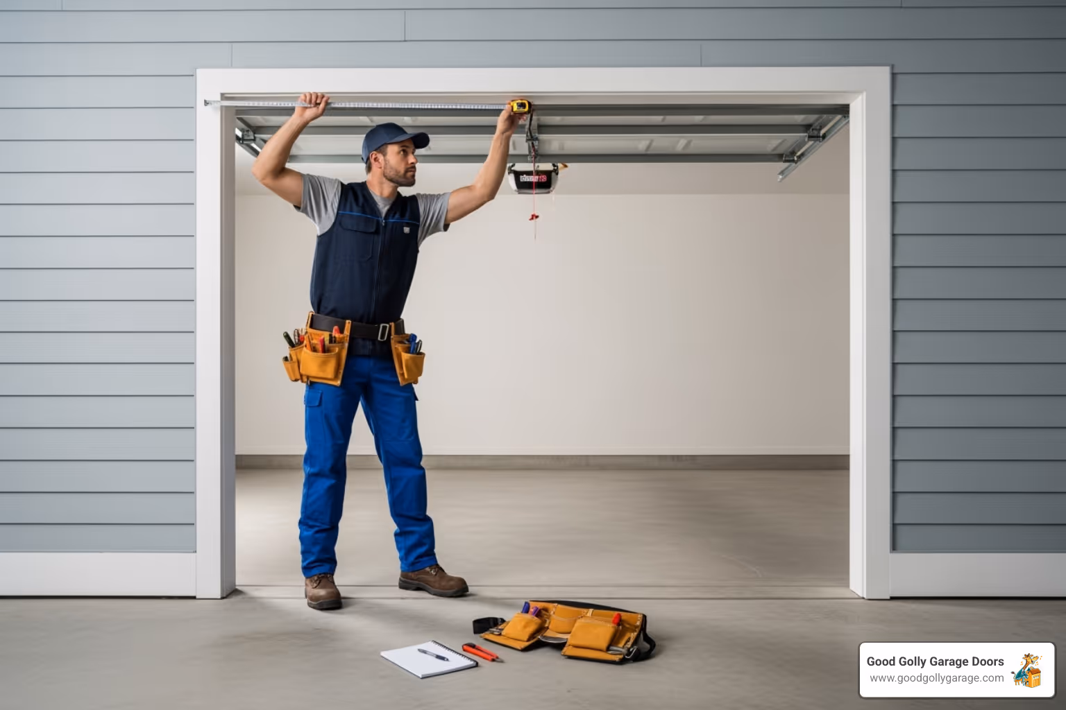 Technician measuring a garage opening for a new door, ensuring precise fit - residential garage door installation austin tx