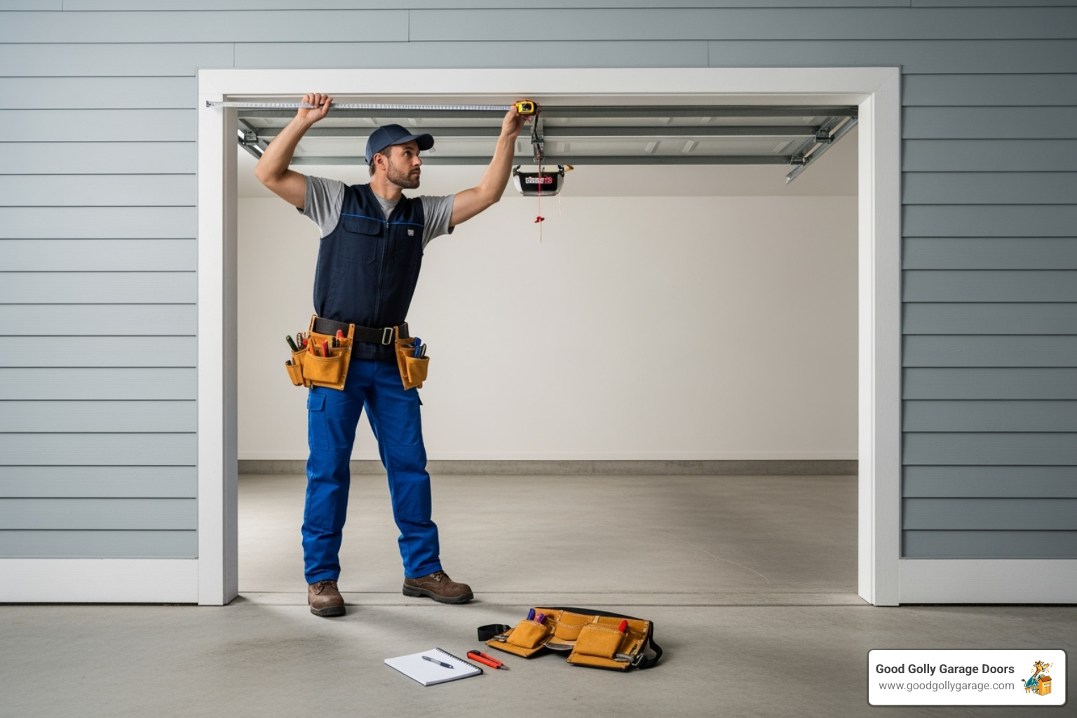 Technician measuring a garage opening for a new door, ensuring precise fit - residential garage door installation austin tx