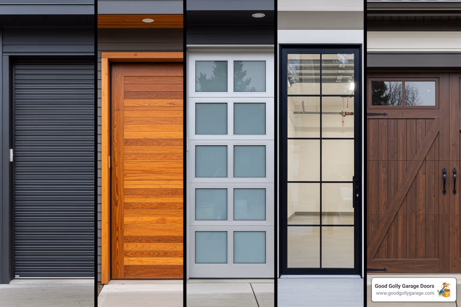 Collage showing different garage door materials like steel, wood, aluminum, glass, and composite - residential garage door installation austin tx