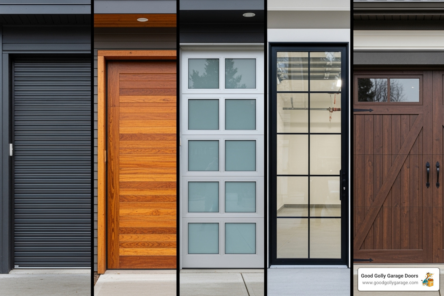 Collage showing different garage door materials like steel, wood, aluminum, glass, and composite - residential garage door installation austin tx