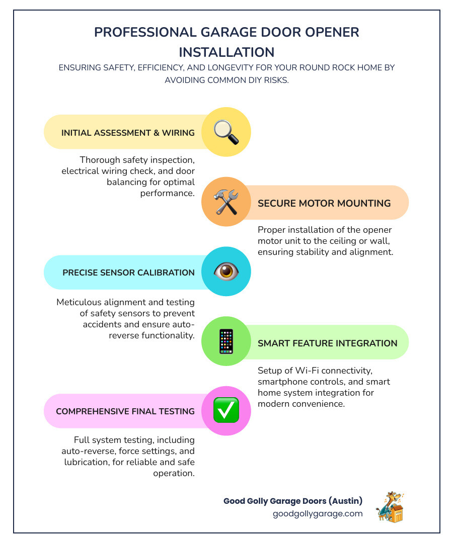 Infographic showing the step-by-step professional garage door opener installation process including safety inspection, wiring assessment, motor mounting, sensor alignment, smart feature setup, and final testing with benefits of professional installation versus DIY risks - Garage Door Opener Installation Help In Round Rock TX Infographic Infographic-Line-5-Steps-Colors