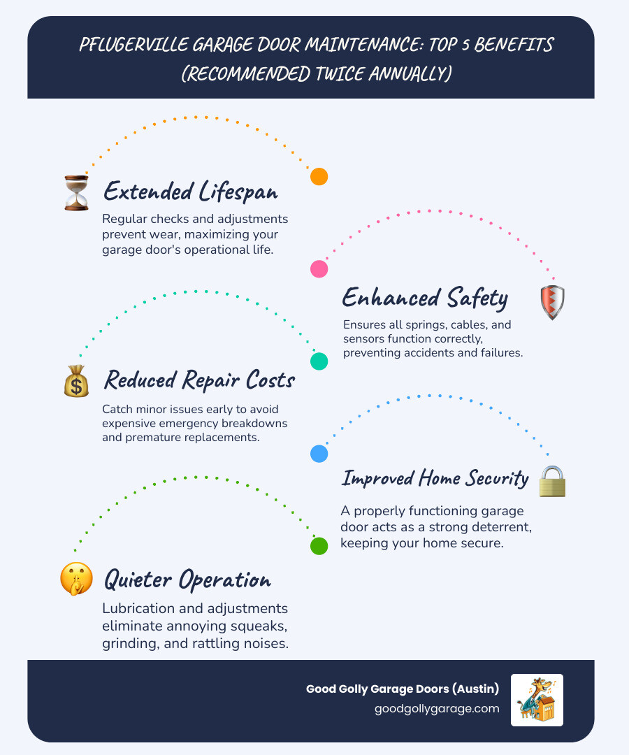 infographic showing the key benefits of regular garage door maintenance including extended lifespan, improved safety, reduced emergency repair costs, better home security, quieter operation, and warranty protection with recommended maintenance frequency of twice per year - best garage door maintenance in pflugerville tx infographic infographic-line-5-steps-blues-accent_colors