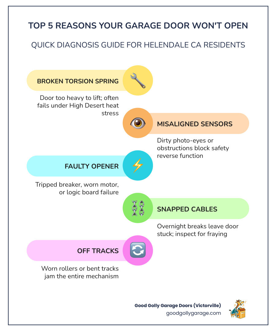 Infographic showing common reasons a garage door won't open in Helendale CA with diagnostic steps - why is my garage door Infographic showing common reasons a garage door won't open in Helendale CA with diagnostic steps - why is my garage door