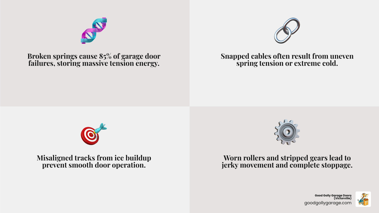 Infographic showing the most common garage door failure points: broken springs, snapped cables, misaligned tracks, worn