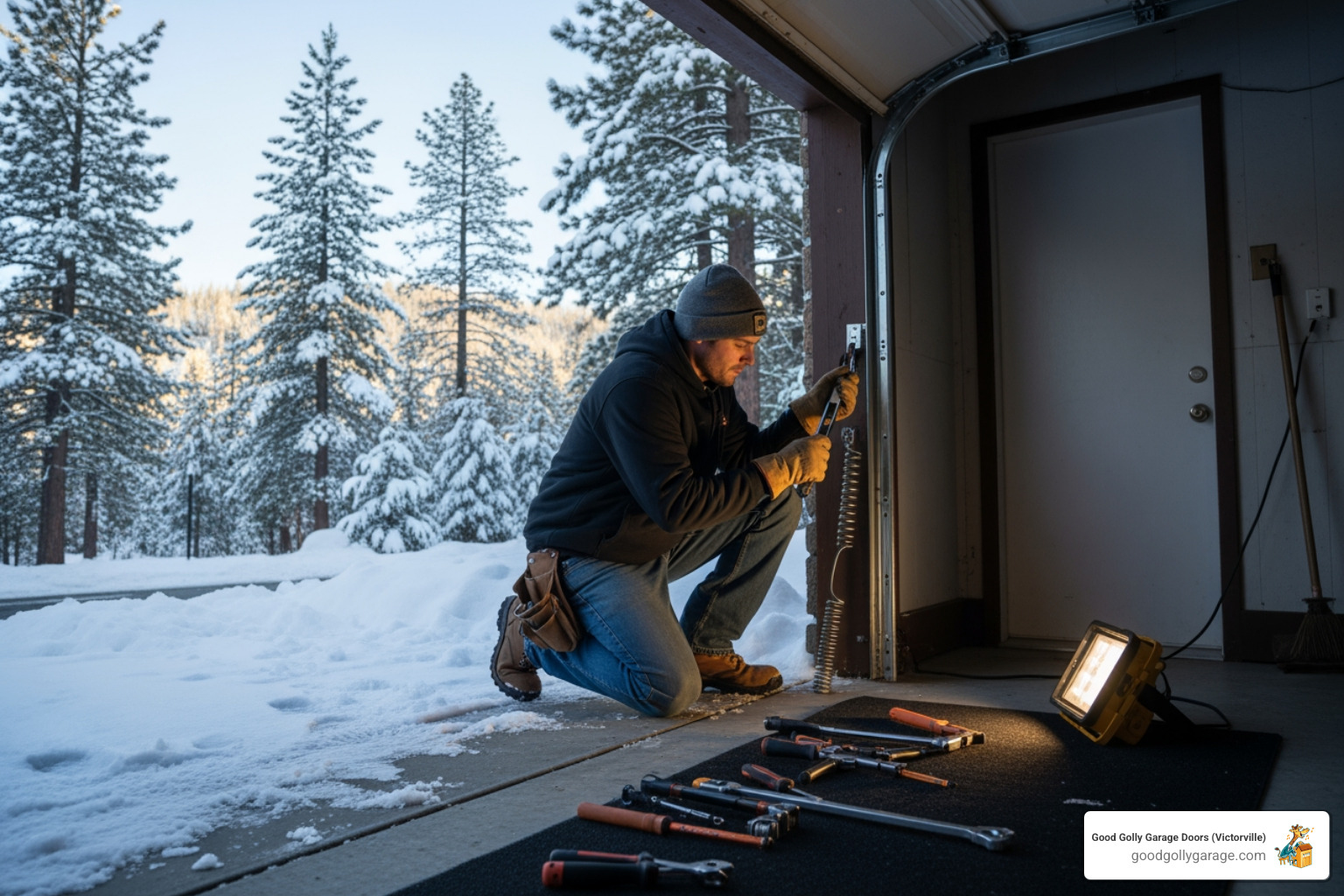 infographic showing annual maintenance schedule with seasonal tasks: winter pre-season inspection, spring lubrication and cleaning, summer hardware check, fall weather seal replacement, plus emergency warning signs like loud noises, slow operation, and visible damage - garage door maintenance in big bear ca infographic showing annual maintenance schedule with seasonal tasks: winter pre-season inspection, spring lubrication and cleaning, summer hardware check, fall weather seal replacement, plus emergency warning signs like loud noises, slow operation, and visible damage - garage door maintenance in big bear ca