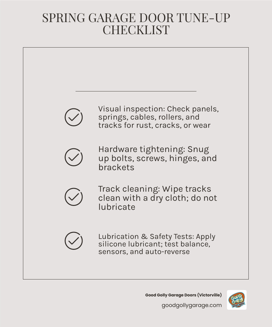 Spring garage door tune-up checklist infographic showing 10 steps for High Desert homeowners - spring garage door tune up