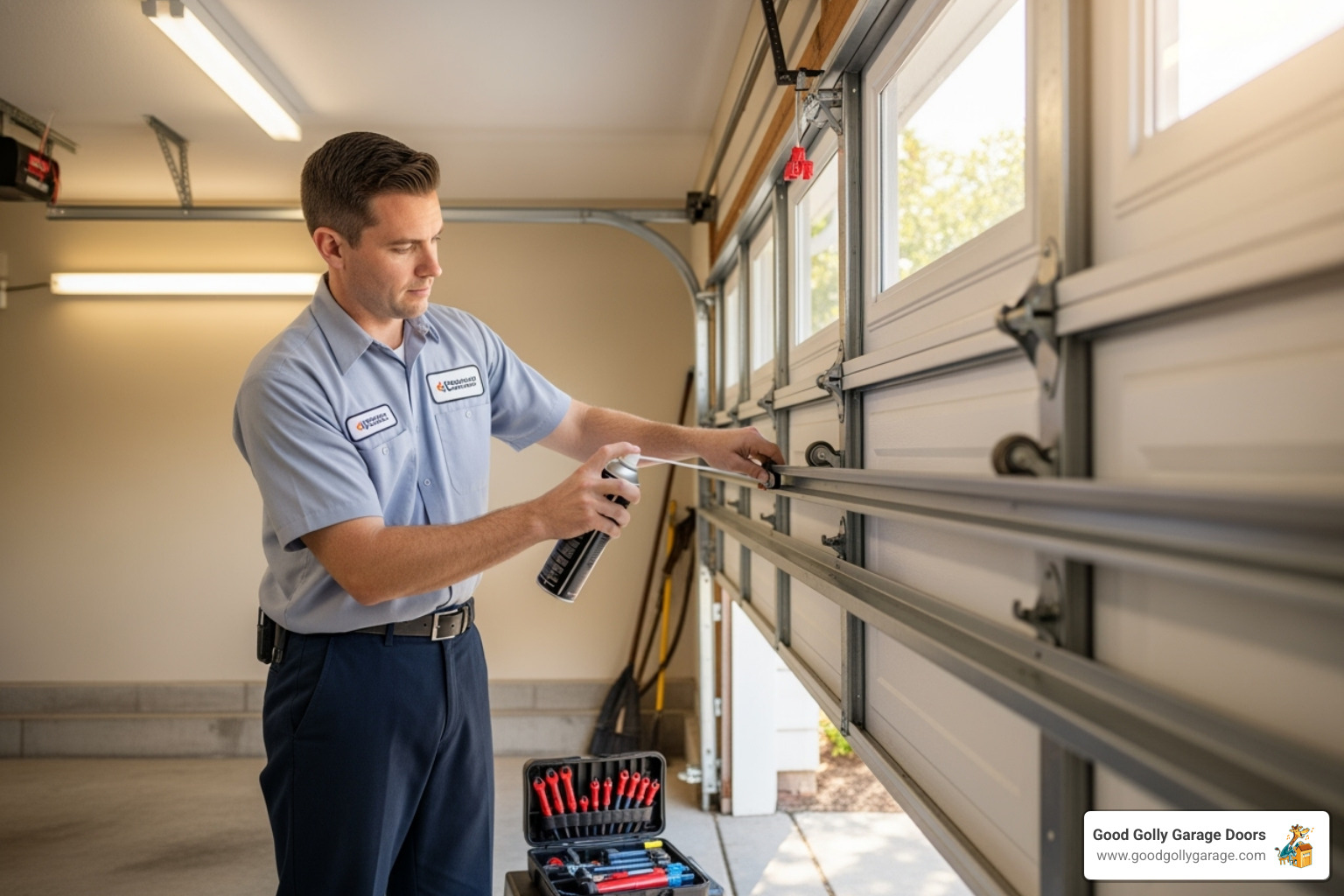 A professional garage door technician lubricating the tracks and rollers of a residential garage door. - garage doors repairs & installations