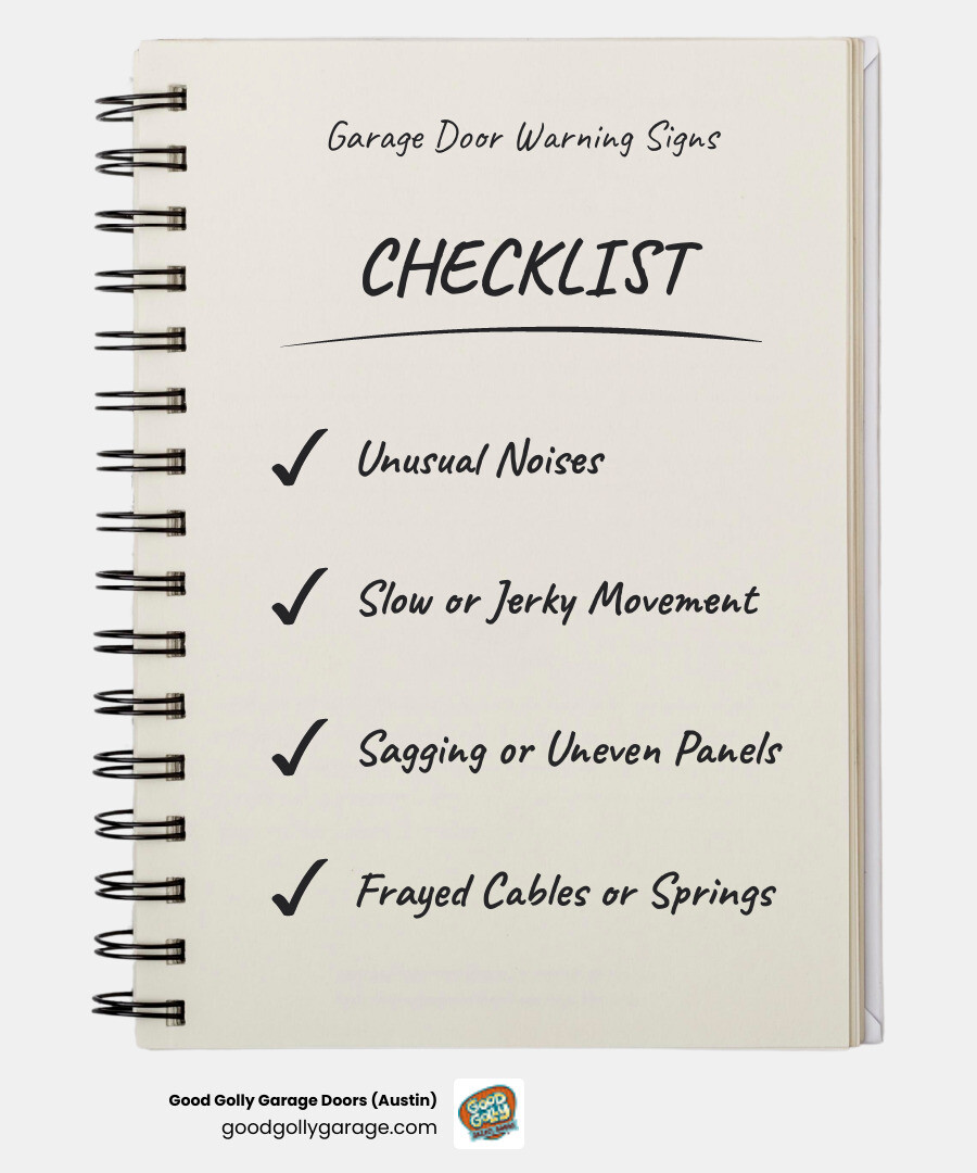 Infographic showing 10 common signs your garage door needs repair with icons for noise, imbalance, slow movement, sensor