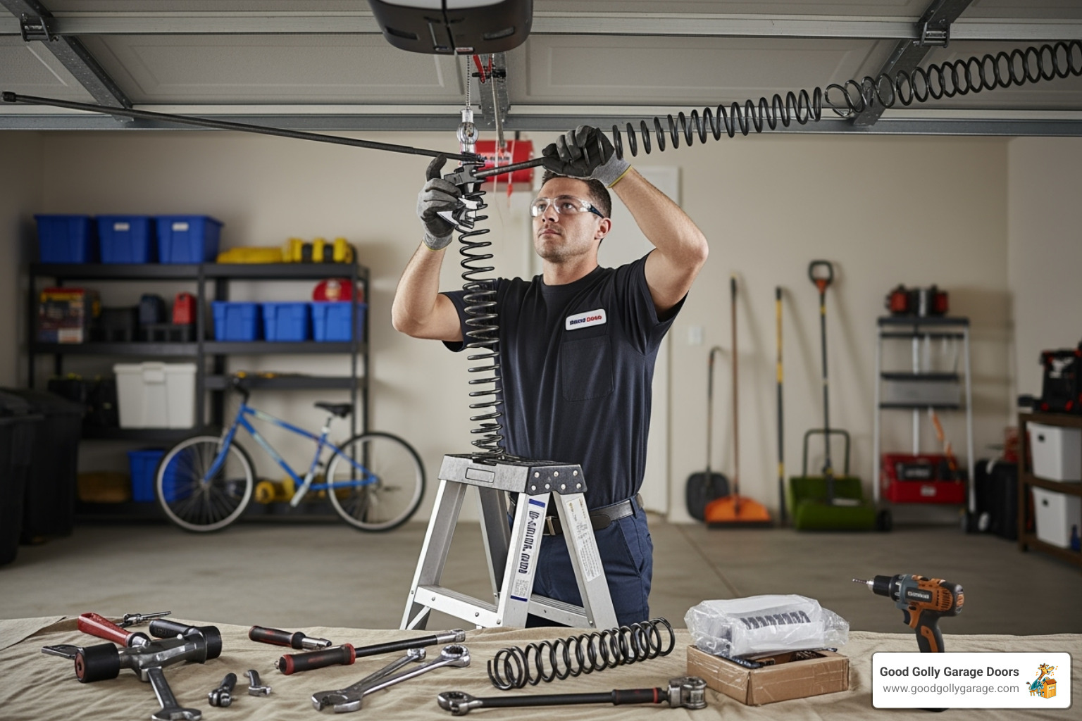 Good Golly Garage Doors technician repairing a broken garage door spring - certified garage door repair technician in lakeway tx