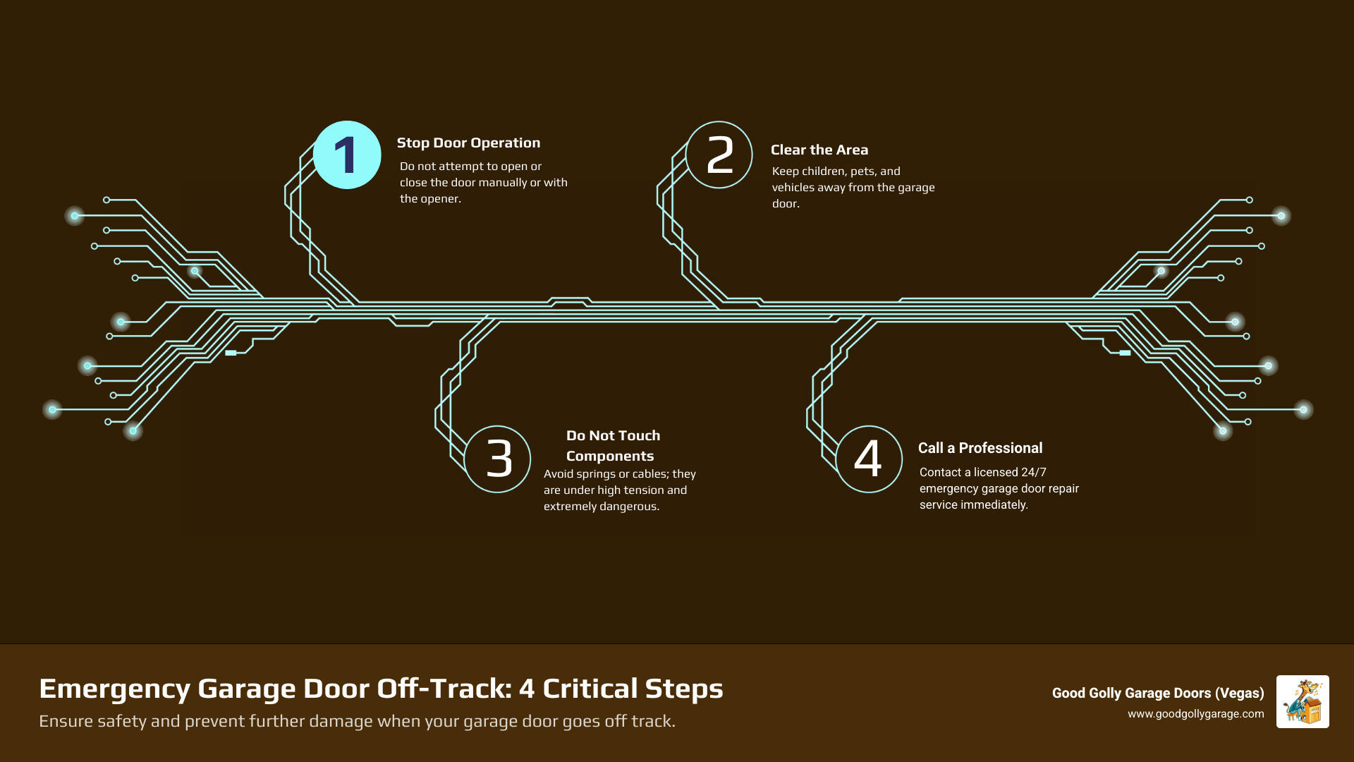 Infographic showing the four critical steps when facing an emergency garage door off track: 1. Stop all door operation immediately, 2. Keep family and pets away from the garage area, 3. Do not touch springs or cables due to high tension, 4. Contact a licensed 24/7 emergency garage door repair service - emergency garage door off track anthem nv infographic infographic-4-steps-tech