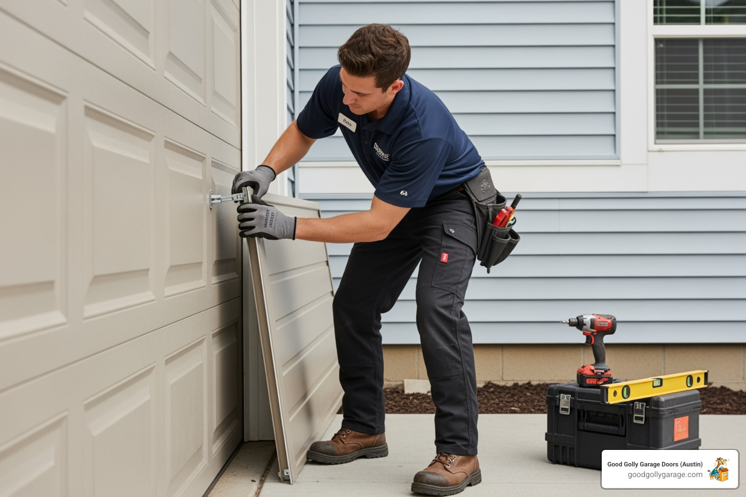 professional technician carefully installing a garage door panel - garage door installation in liberty hill tx