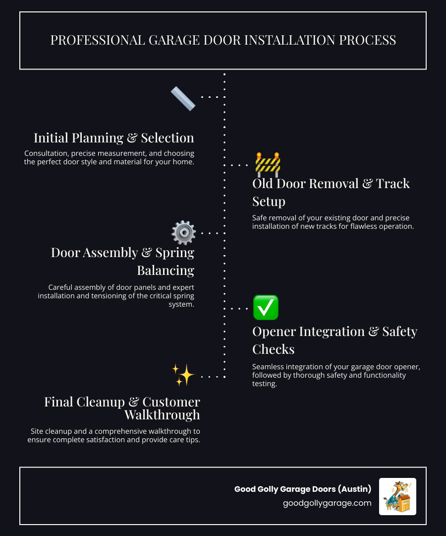 Infographic showing the professional garage door installation process: Initial consultation and measurement, door style and material selection, removal of old door, installation of new tracks and panels, spring system setup and balancing, opener integration and programming, final safety testing and adjustment, cleanup and walkthrough with homeowner - professional garage door installation in spanish oaks tx infographic infographic-line-5-steps-dark