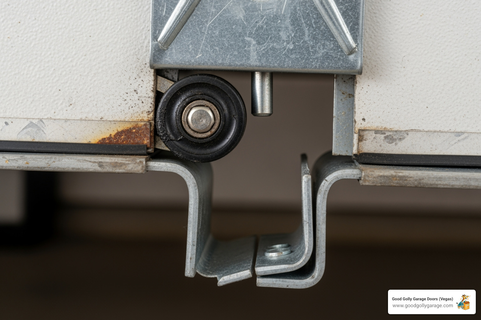 close-up of a garage door roller that has popped out of the track - why is my garage door off track paradise nv
