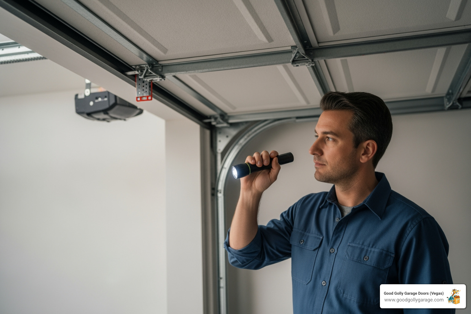 a person safely inspecting a garage door track with a flashlight - why is my garage door off track paradise nv