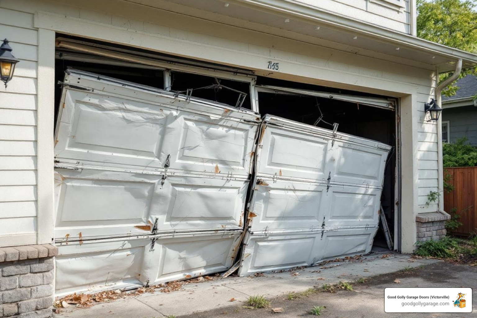 A garage door that has come completely off its tracks - emergency broken garage door in helendale ca