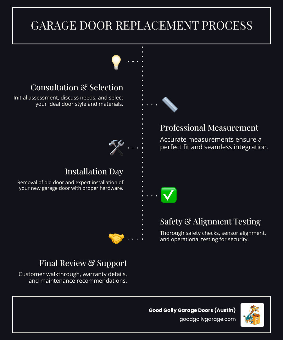 infographic showing the garage door replacement process: initial consultation and assessment, selecting door style and materials, professional measurement, removal of old door, installation of new door with proper hardware, safety testing and sensor alignment, final inspection and customer walkthrough, warranty coverage and maintenance recommendations - best garage door replacement in west lake tx infographic infographic-line-5-steps-dark