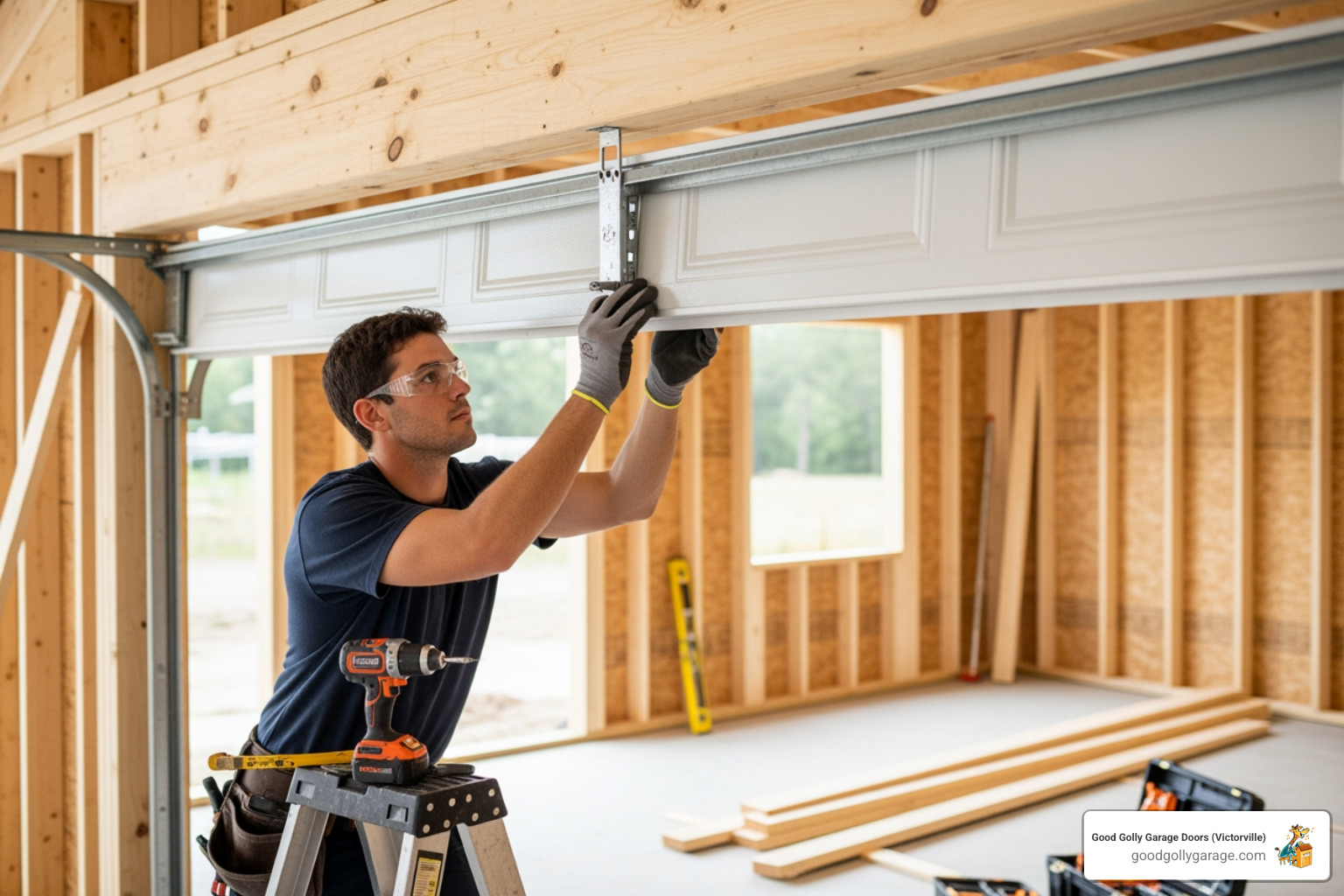 A technician carefully installing a garage door panel - garage door installation in phelan ca