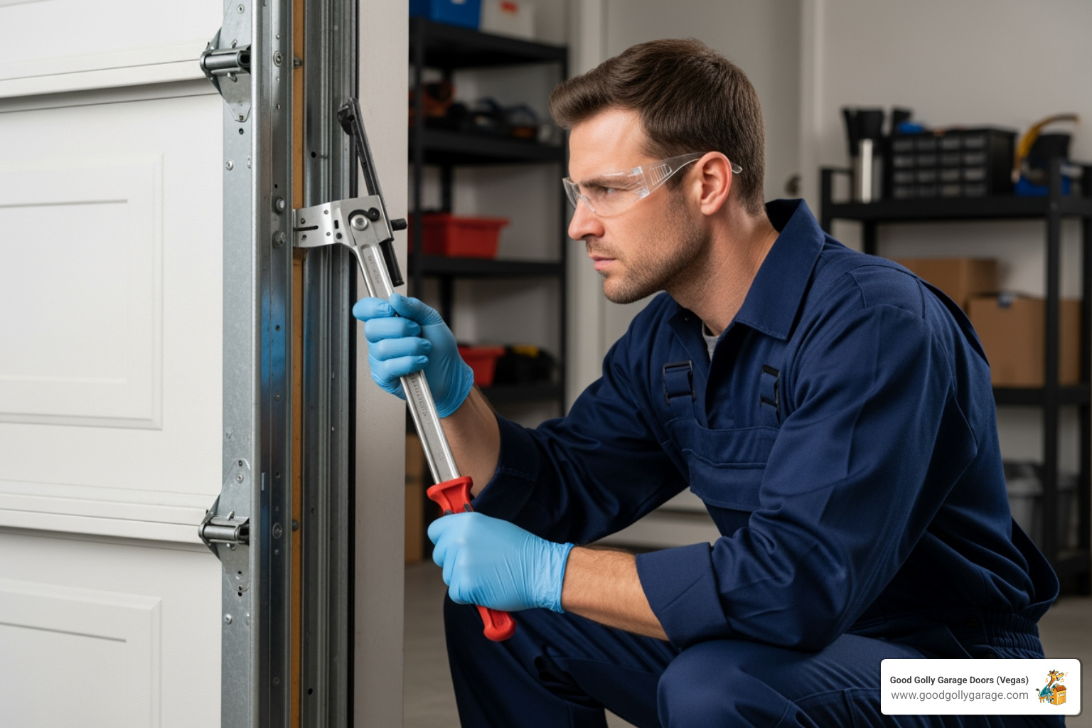 A professional technician wearing safety glasses and gloves, carefully adjusting a garage door track with a specialized tool, focusing intently on the alignment - why is my garage door off track north las vegas nv