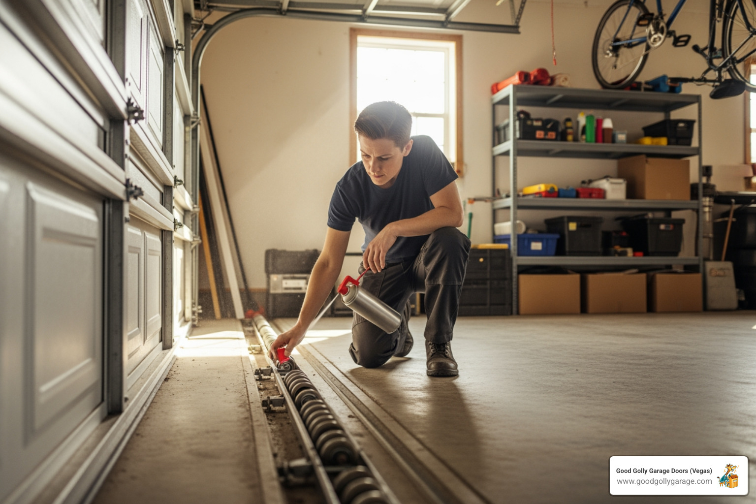 A homeowner carefully lubricating garage door rollers with a spray can, ensuring smooth and quiet operation - why is my garage door off track north las vegas nv