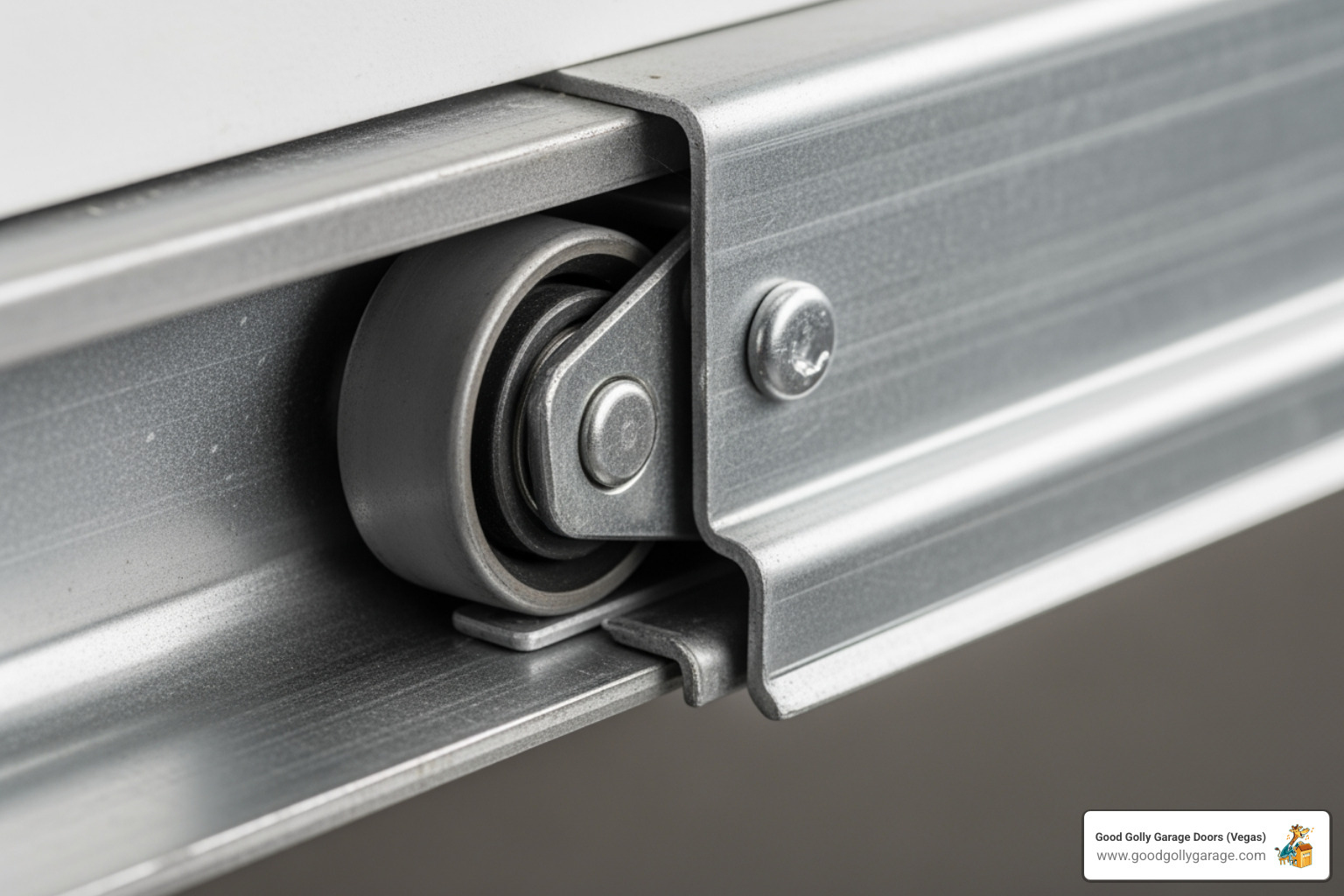 A close-up view showing a garage door roller that has popped out of the track, with the roller askew and a visible gap between it and the metal track channel - why is my garage door off track north las vegas nv