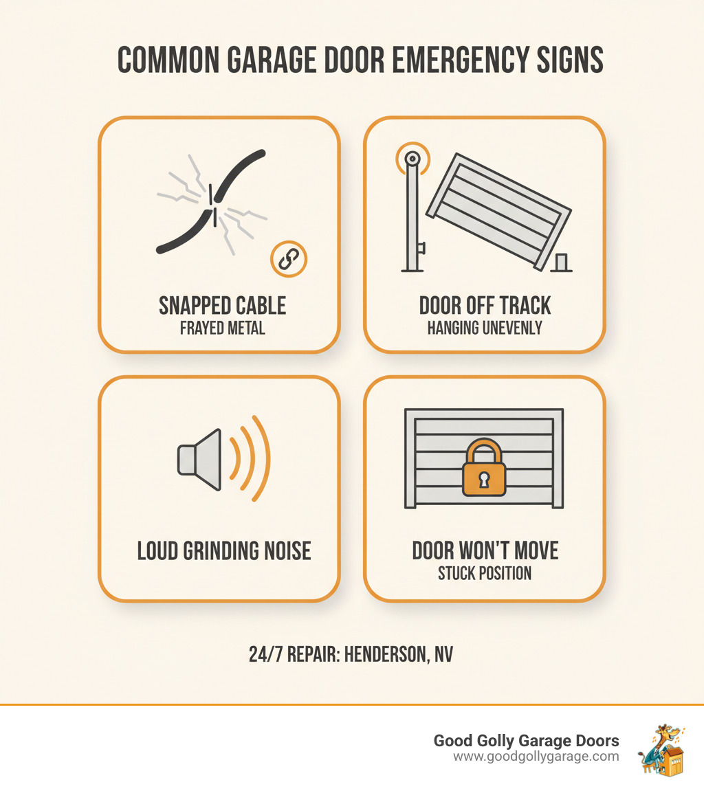 Infographic showing common garage door emergency signs: snapped cable with frayed metal strands, garage door visibly off its track and hanging at an angle, loud grinding noise indicator with sound waves, and garage door that won't move with a stuck position icon - 24/7 garage door repair repair in henderson nv infographic 