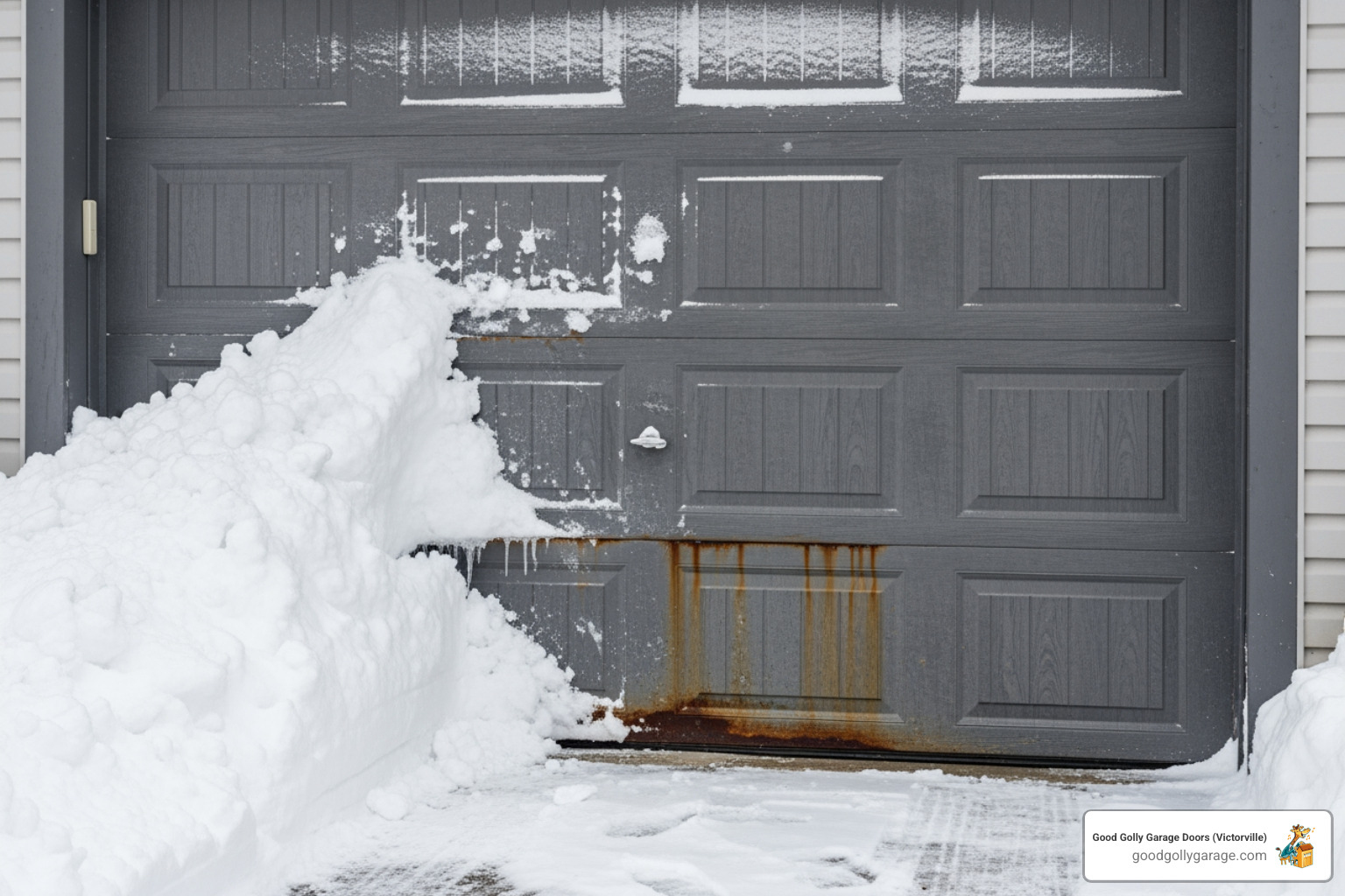 A garage door struggling with heavy snow accumulation, partially open and jammed by snow - emergency garage door installation in lake arrowhead ca