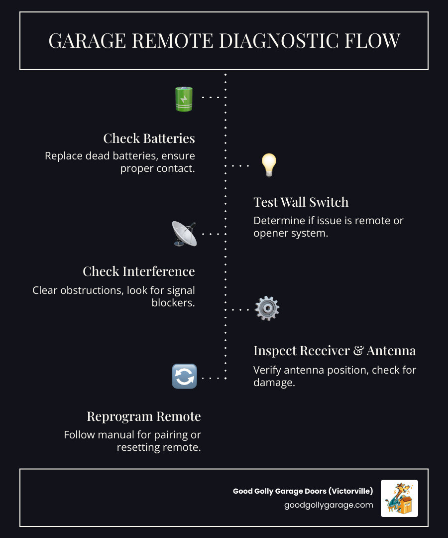 Infographic showing the diagnostic flowchart for garage door remote issues: starting with battery check, then wall switch test to determine if it's a remote or opener problem, followed by signal interference check, receiver inspection, and reprogramming steps, with decision points leading either to DIY fixes or professional repair needed - 