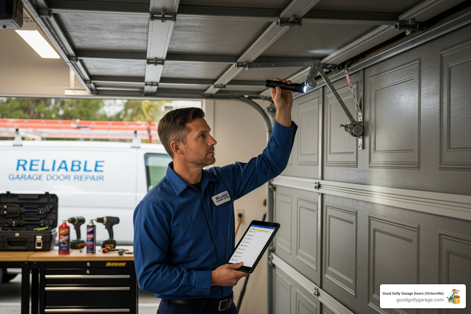 Professional Technician Inspecting a Garage Door - emergency broken garage door in apple valley ca