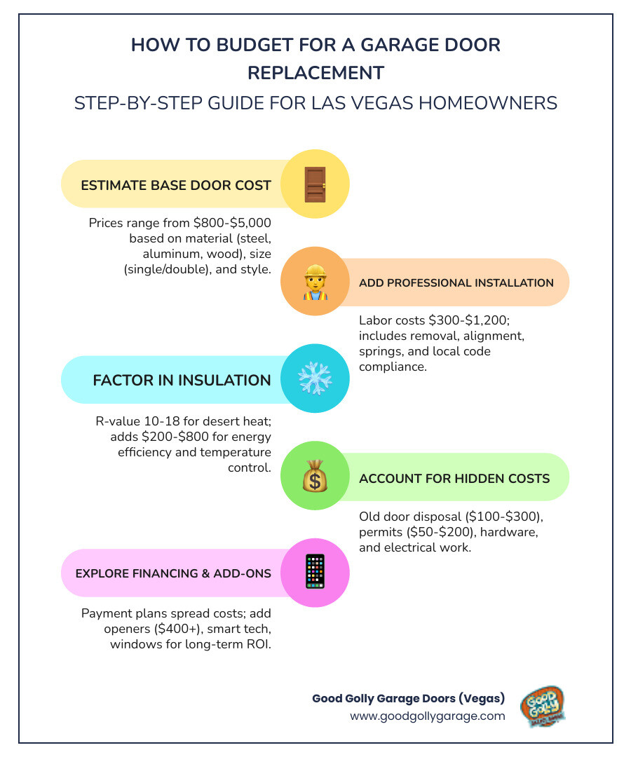 Infographic showing step-by-step budgeting process for garage door replacement including cost factors and financing options