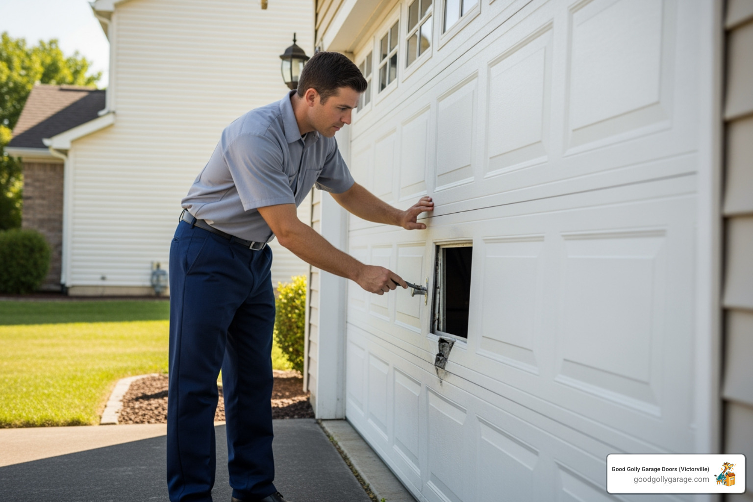 Infographic showing emergency broken garage door response steps: 1. Stop using the door and unplug opener, 2. Check for visible obstructions or damage, 3. Secure the opening if door is stuck open, 4. Call licensed technician for same-day service, 5. Never attempt to repair high-tension springs or cables yourself, 6. Common causes include broken springs, snapped cables, off-track doors, and failed openers - emergency broken garage door in victorville ca