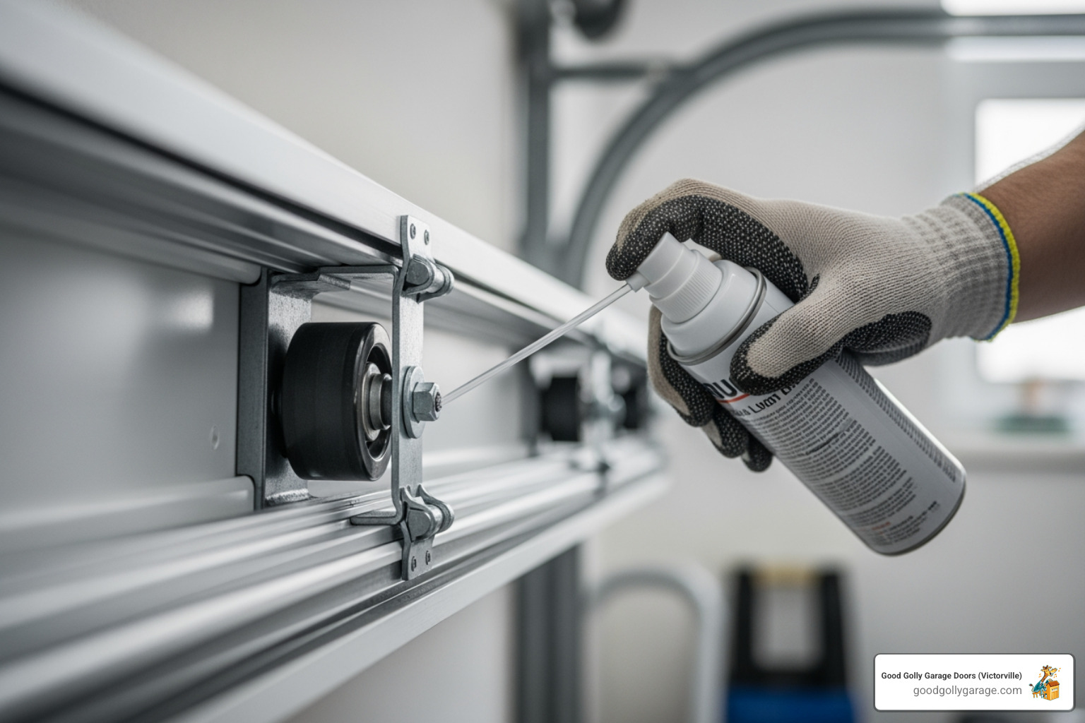 technician lubricating garage door rollers - emergency broken garage door in victorville ca