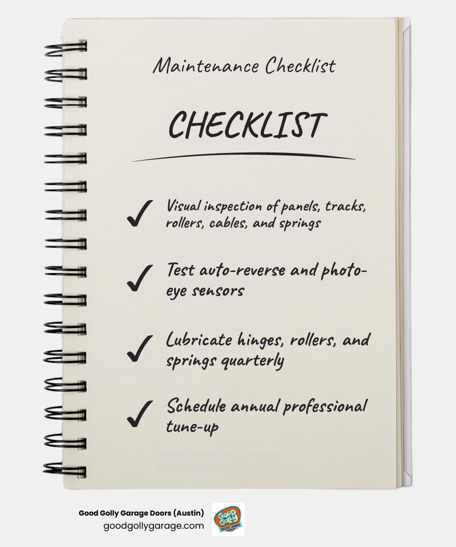 Infographic showing a garage door maintenance checklist for homeowners broken down by monthly, quarterly, seasonal, and