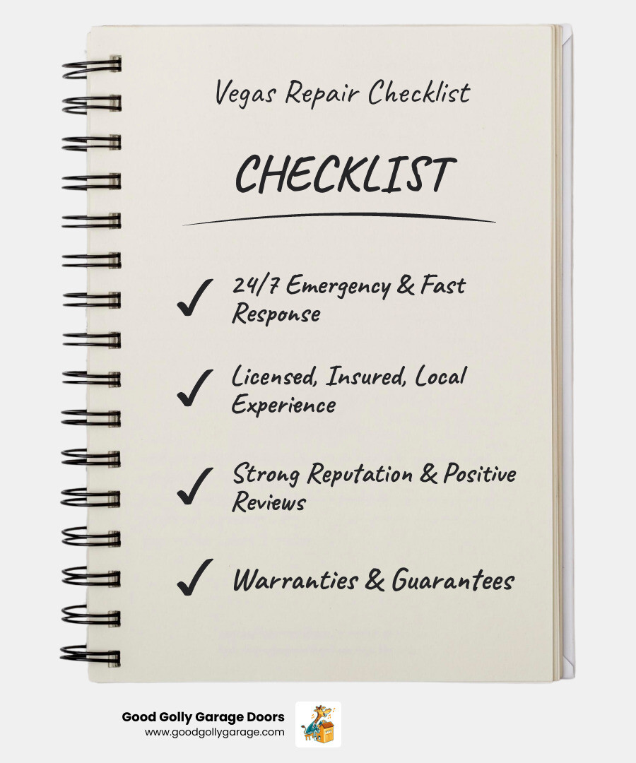 Infographic showing the 7 essential criteria for selecting a top-rated garage door repair company in Las Vegas: 24/7 emergency availability with 30-minute response time, Nevada contractor licensing and full insurance coverage, verified customer reviews and BBB rating, comprehensive written warranties on parts and labor, full-service capabilities including repair installation and maintenance, transparent upfront pricing with free estimates, and skilled certified technicians with fully stocked service trucks - garage door repair in las vegas nv infographic checklist-notebook