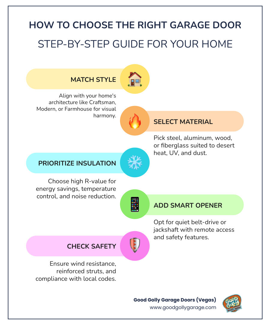 Step-by-step infographic for choosing the right garage door: style, material, insulation, opener, security, ROI - how to