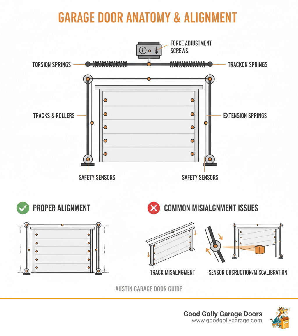 Infographic showing the anatomy of a balanced garage door system including labeled torsion springs, extension springs, tracks, rollers, safety sensors, and force adjustment screws on the opener, with visual indicators showing proper alignment versus common misalignment issues - garage door adjustment austin infographic