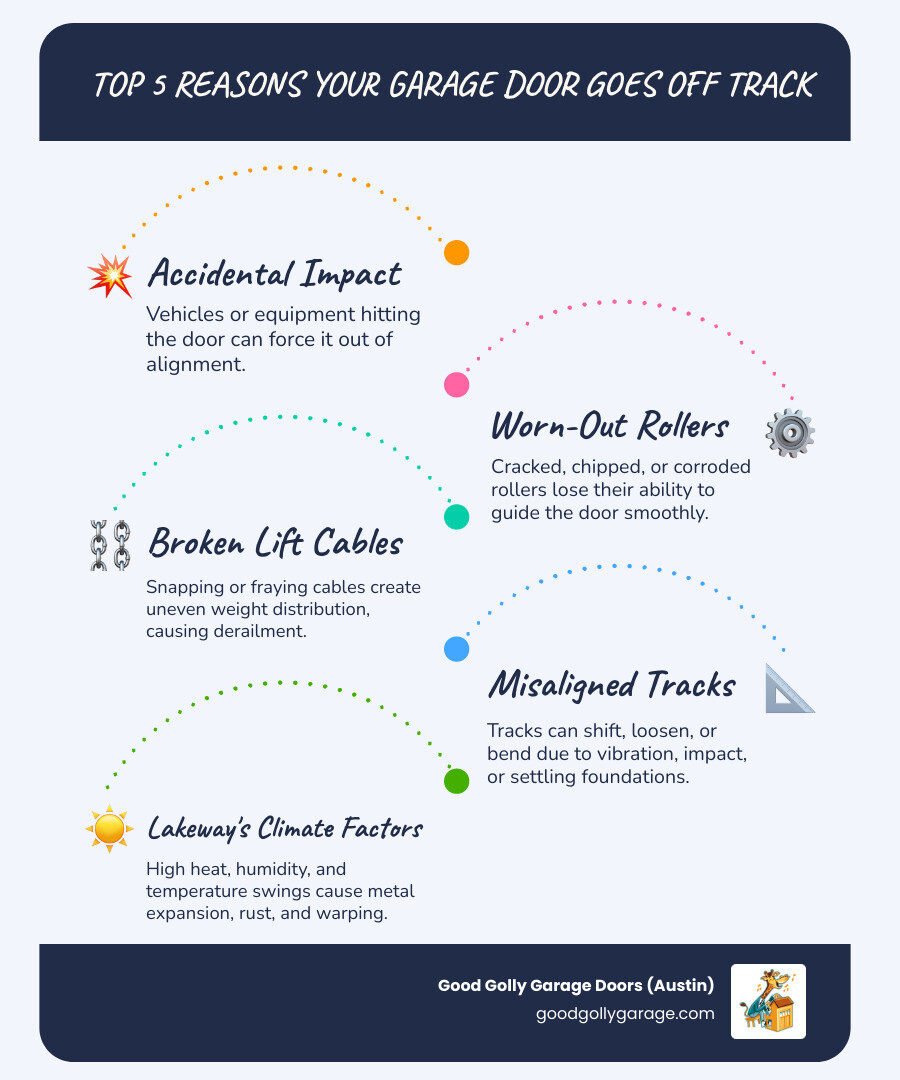 Infographic showing the top 5 reasons a garage door goes off track: 1) Accidental impact from vehicles or equipment, 2) Worn or damaged rollers that crack or corrode over time, 3) Broken or frayed lift cables causing weight imbalance, 4) Misaligned or bent tracks from vibration or foundation shifting, 5) Climate factors like Texas heat and humidity causing metal expansion and rust - why is my garage door off track in lakeway tx infographic infographic-line-5-steps-blues-accent_colors