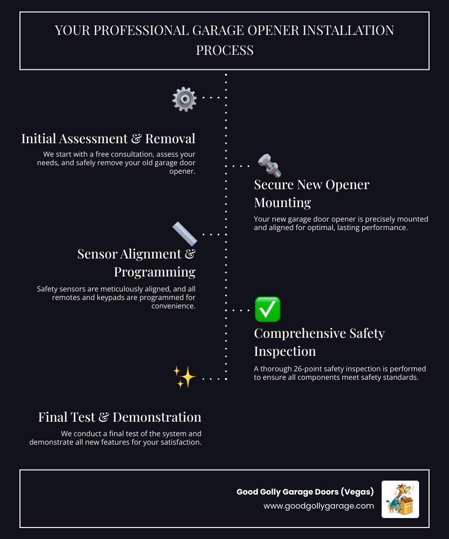 Infographic showing the garage door opener installation process: Step 1 - Free consultation and assessment, Step 2 - Remove old opener safely, Step 3 - Mount new opener securely, Step 4 - Align safety sensors precisely, Step 5 - Program remotes and keypads, Step 6 - Complete 26-point safety inspection, Step 7 - Test and demonstrate features - garage door opener installation sun city nv infographic infographic-line-5-steps-dark