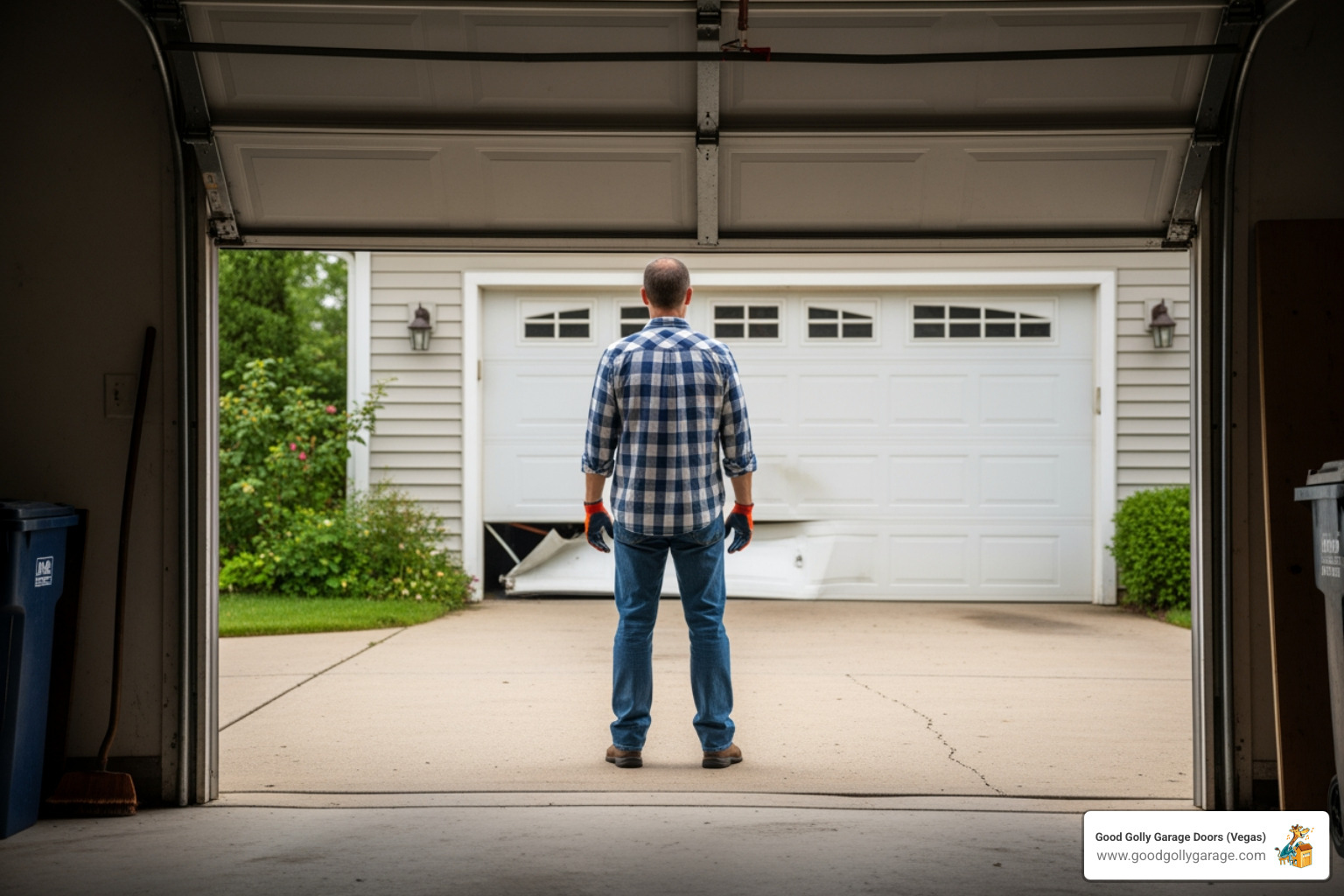 image of a homeowner safely waiting away from the garage door - emergency broken garage door las vegas nv