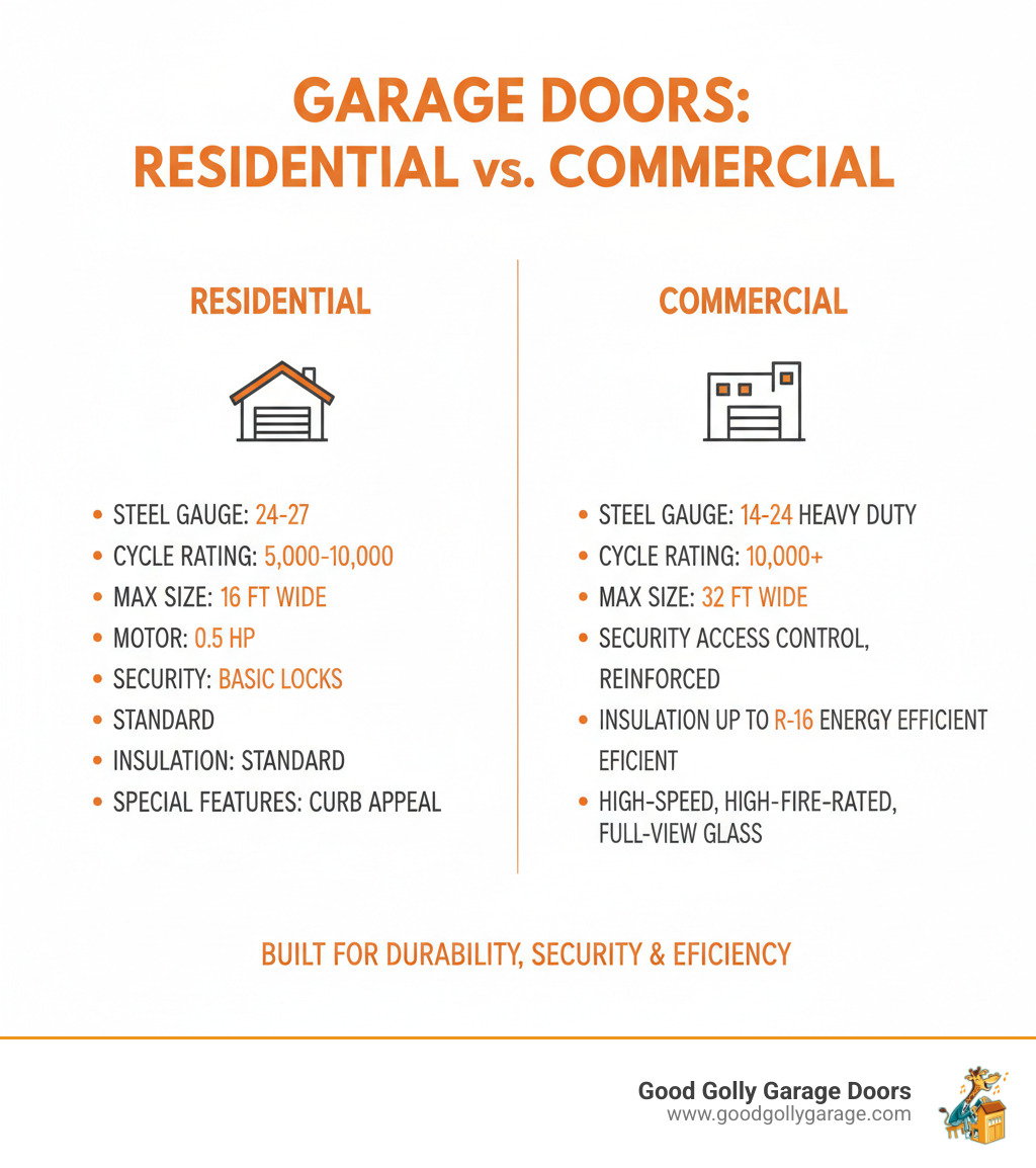Infographic showing the key differences between residential and commercial garage doors: commercial doors feature heavier gauge steel (14-24 gauge vs 24-27 gauge), higher cycle ratings (10,000+ vs 5,000-10,000 cycles), larger sizes (up to 32 feet wide vs 16 feet), industrial-grade operators (1+ HP vs 0.5 HP), enhanced security features including access control and reinforced locking, insulation options up to R-16 for energy efficiency, and specialized designs for business needs like high-speed operation, fire ratings, and full-view glass for visibility - commercial garage door installation las vegas infographic