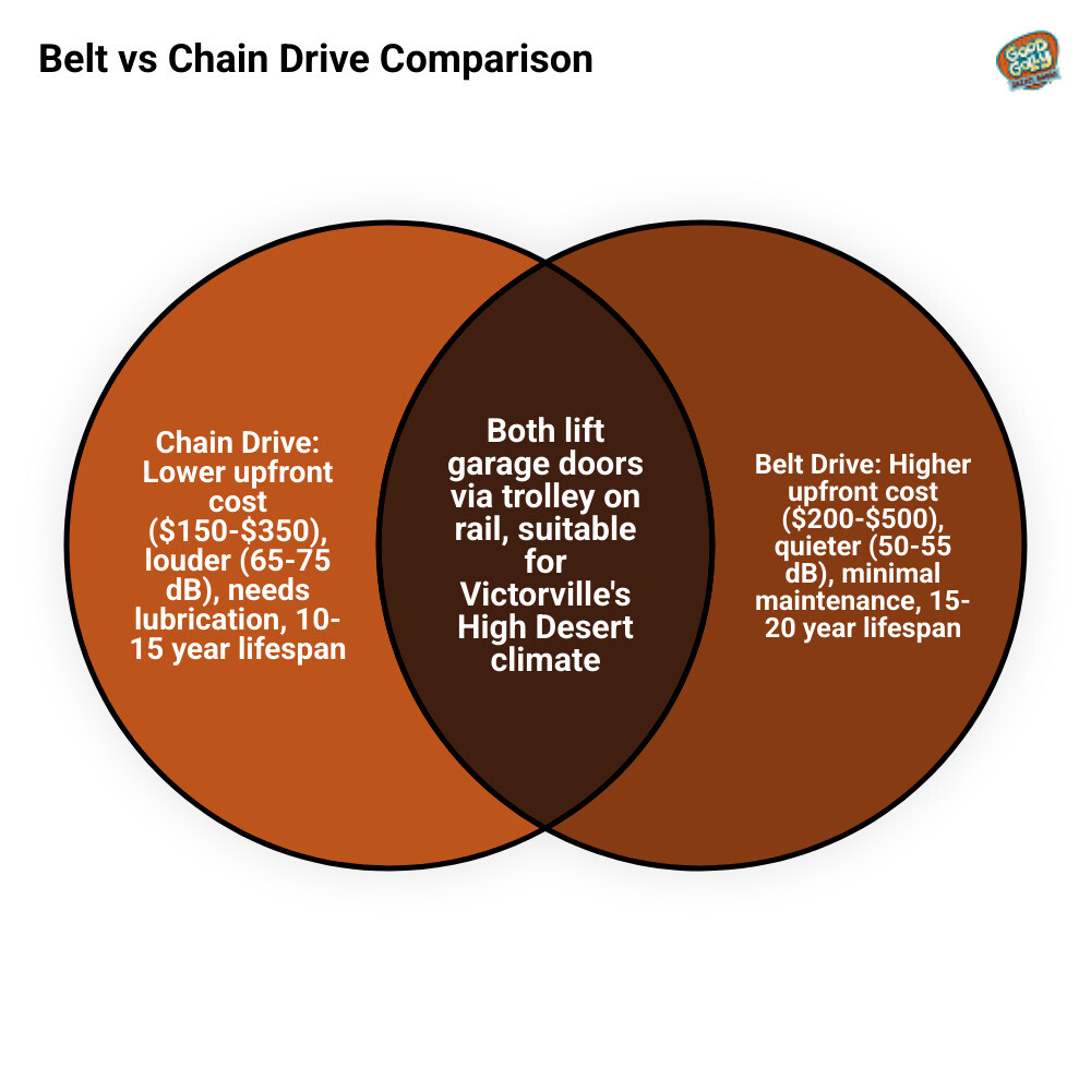 Infographic comparing belt drive vs chain drive cost, lifespan, noise, and maintenance requirements - belt drive vs chain