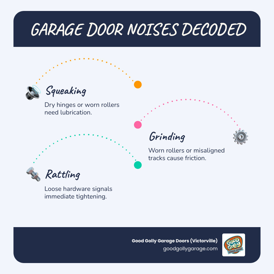 Infographic showing common garage door noise types, their causes, and recommended actions - garage door making loud noise