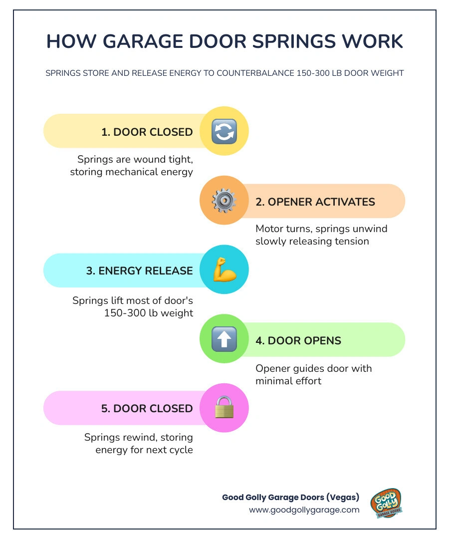 infographic showing how garage door springs store and release mechanical energy to counterbalance door weight - garage door