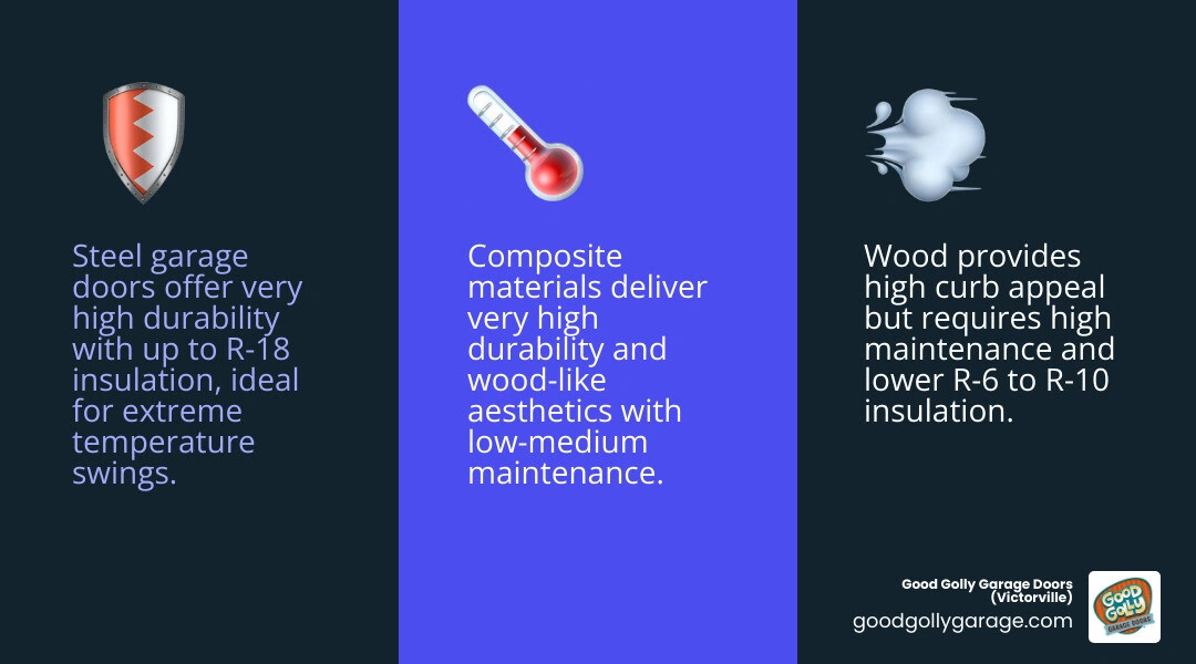 Infographic comparing garage door materials by lifespan, R-value, maintenance level, and climate suitability - best garage Infographic comparing garage door materials by lifespan, R-value, maintenance level, and climate suitability - best garage