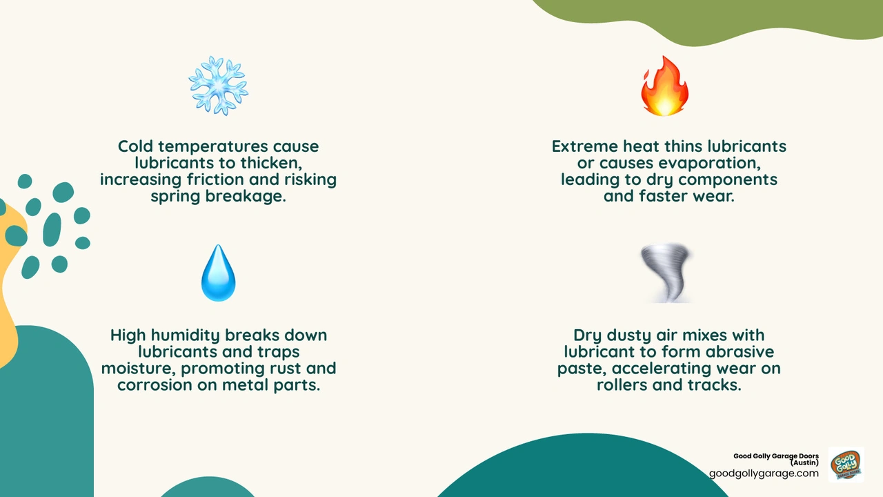 Infographic showing how temperature extremes affect garage door lubricant viscosity and component wear by climate type - how Infographic showing how temperature extremes affect garage door lubricant viscosity and component wear by climate type - how