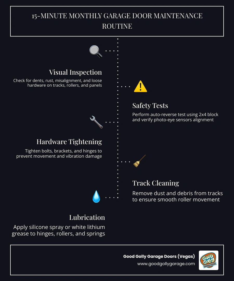 infographic showing a 15-minute monthly garage door maintenance routine with steps and timing infographic
