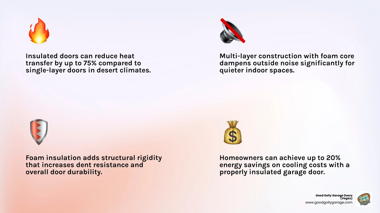 Infographic comparing insulated vs non-insulated garage door layers, R-value, noise, cost, and best use cases infographic