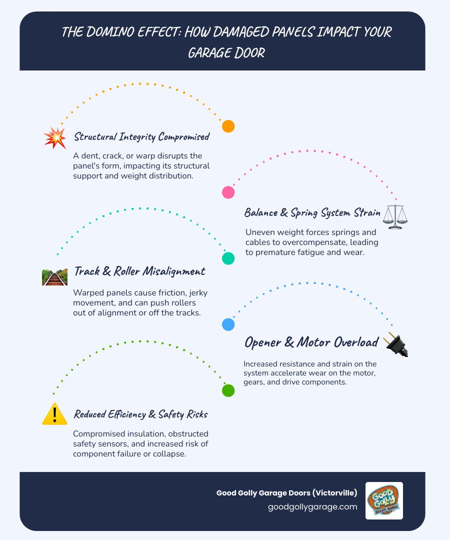 Infographic showing how a damaged garage door panel triggers a chain reaction across springs, tracks, opener, and insulation